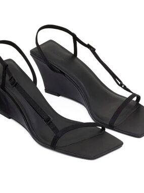 St Agni Strappy Black Square-Toe Slingback Wedge Sandals